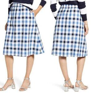 1901 Check Seersucker A-Line Skirt Elastic Waist Blue White Black SZ XL New